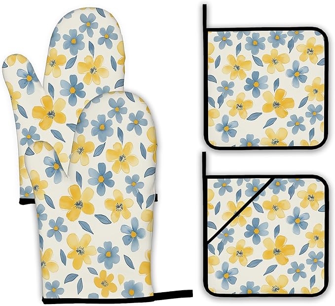 Cute Floral Oven Mitts and Pot Holders,Yellow Blue Flower Heat Resistant Oven Mitts Gloves and Pot Holder for Home Kitchen Decorations Cooking Baking BBQ Gifts,Set of 4