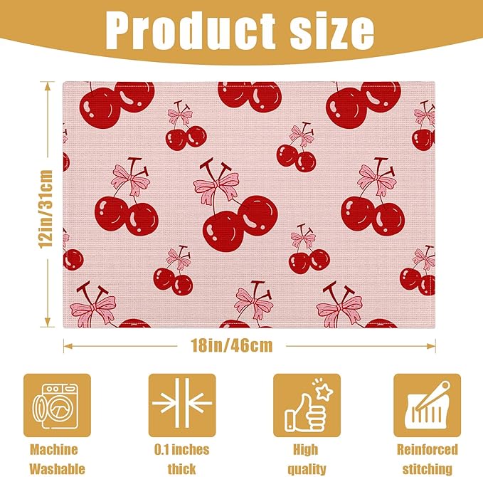 Red Cherry Bow Placemats Set of 6, Linen Place Mat Washable Stain Resistant Table Mats for Farmhouse Kitchen Dining Holiday Party Wedding Decor 12x18 Inch
