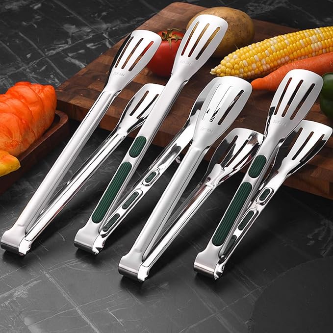 Stainless Steel Kitchen Tong Set - Anti-Slip Heat-Resistant Grip, Widened 3-Line Slotted Heads for Easy Clamping (Steaks, BBQ, Pasta, Salads), Easy Clean for Versatile Use Set of 3-11", Silver