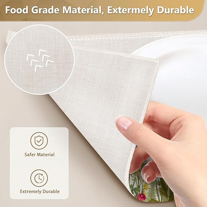 Set of 6 Washable Herbs and Wild Flowers Placemats Non-Slip Heat-Resistant 12x18 Inch Thick Decorative Linen Table Mats for Dining Table Home Décor