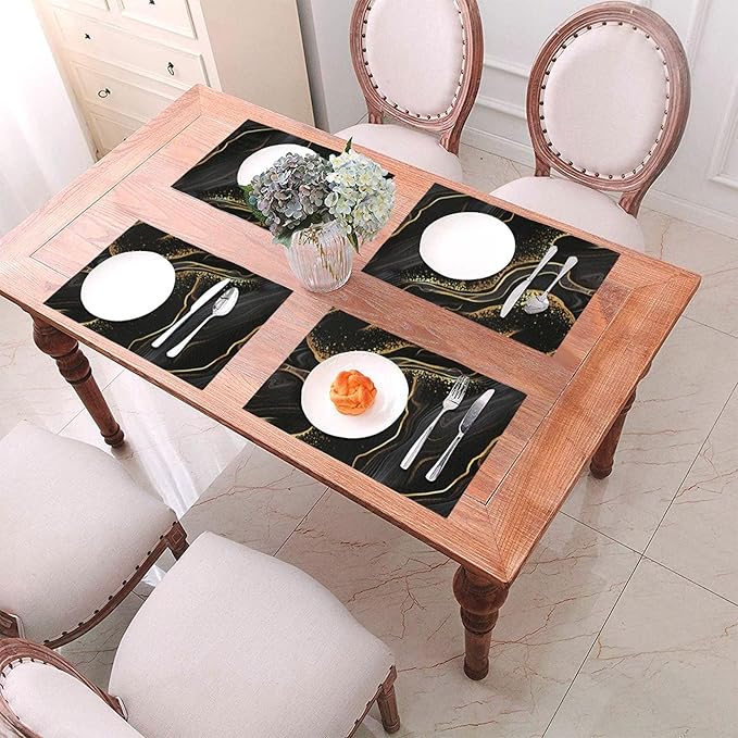 Black Gold Marble Texture Placemats Set of 4, Black Table Mats, Heat Resistant Washable Linen Place Mats for Kitchen Dining Table Farmhouse 12"x18", Black Gold Kitchen Decor