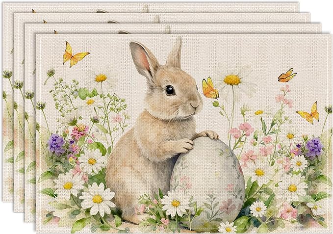 Easter Placemats Set of 4 12x18 inch for Dinning Table, Easter Decor for Party, Home - Bunny and Tulips Farmhouse Table Mat Spring Decroations