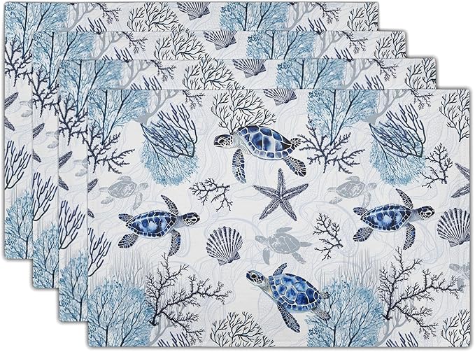 Giwawa Blue Sea Turtles Placemats Set of 4 Coastal Ocean Tortoise Coral Starfish Linen Place Mat 12"x18" Nautical Beach Themed Stain Resistant Table Mats for Kitchen Dining Season Party Decor