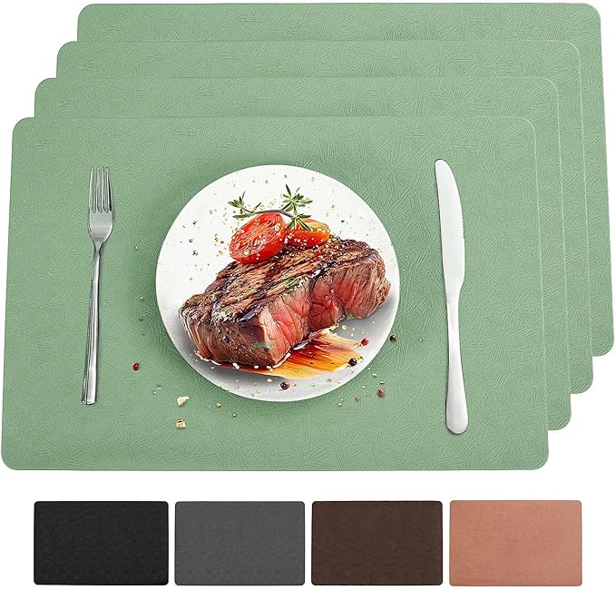 Vinyl Placemats Set of 4 Heat Resistant Easy Clean Non-Slip Place Mats for Dining Table Faux Leather Waterproof Stain Resistant Wipeable Washable PVC Table Mats(4, Green)