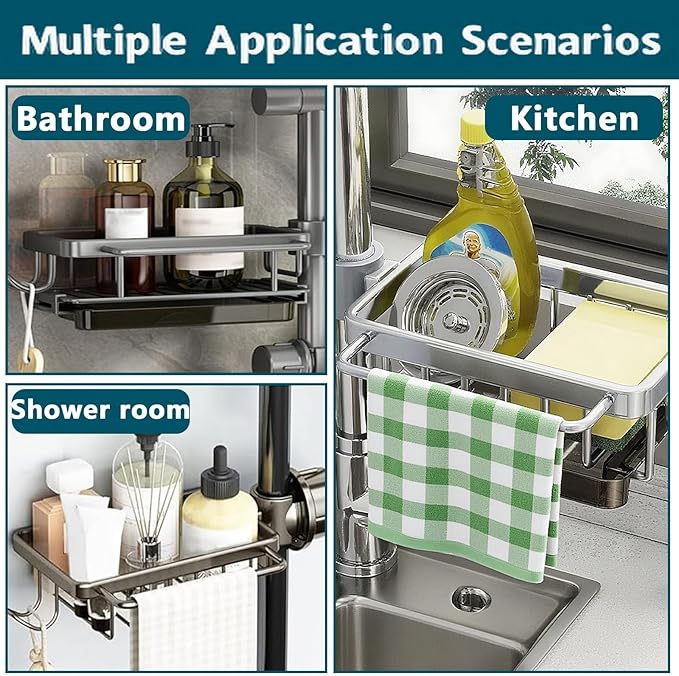 Upgrade Kitchen Sink Faucet Organizer, New Multifunction Organizer Rack for Kitchen Adjustable Dish Sponge Holder Over Faucet Sink for 0.7-1.1" Round Water Pipe (Silver, Right)