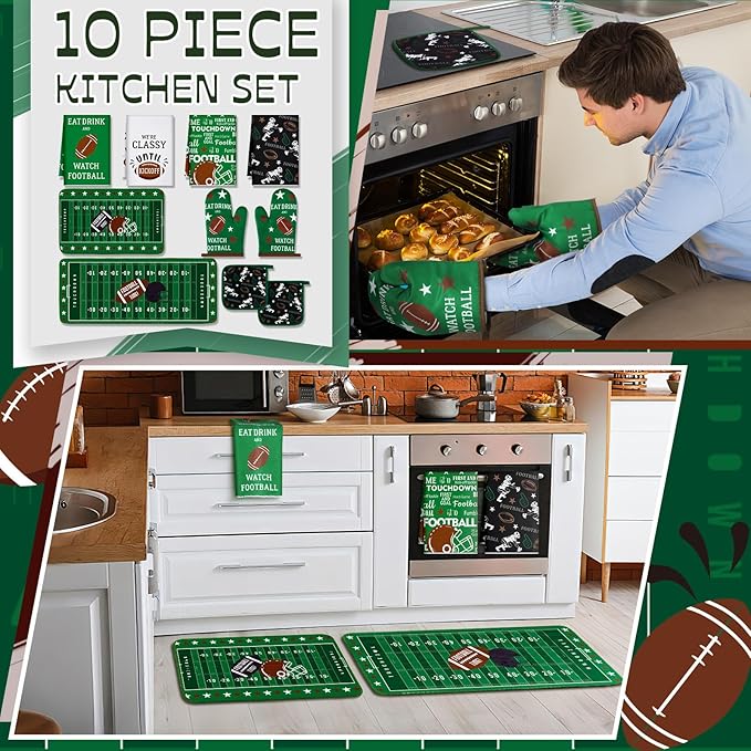 Fourluoo 10 Pcs Football Kitchen Decor Oven Mitts and Pot Holders Sets Football Dish Towels Pot Holders Sports Kitchen Rugs and Mats for Women Reusable Cooking Grilling Accessories Mom Gift