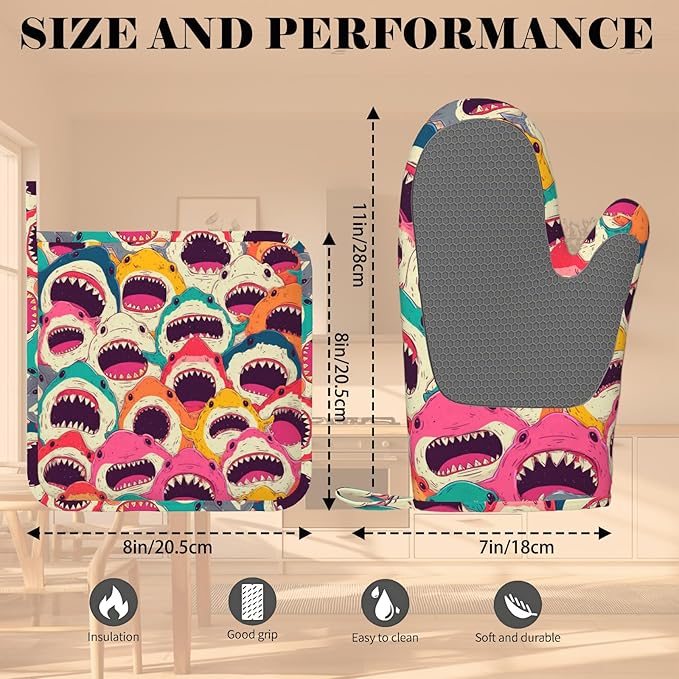 Colorful Shark Oven Mitts and Pot Holders Sets Angry Sharks Non-Slip Silicone Surface for BBQ Gloves,Kitchen,Cooking,Baking,Grilling