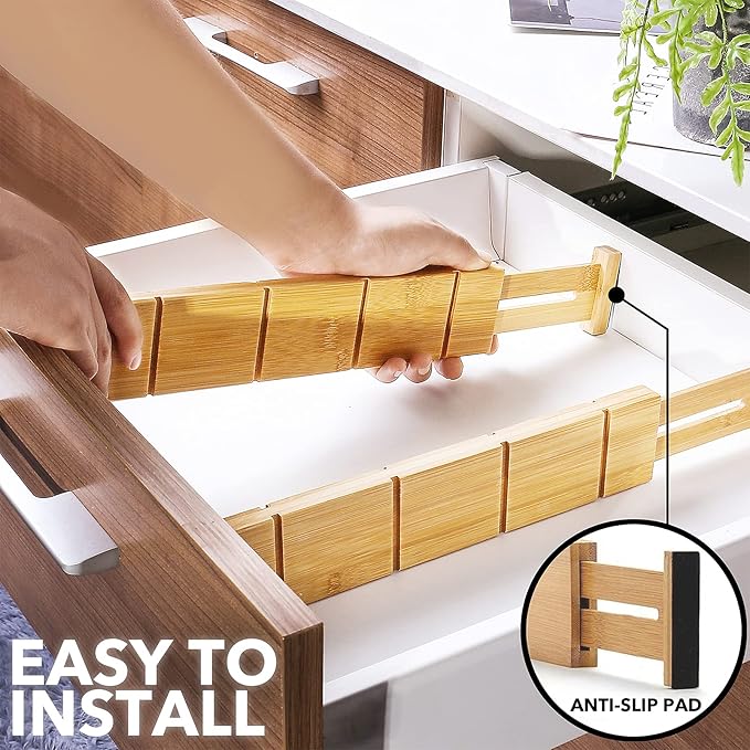 SpaceAid Bamboo Drawer Dividers with Inserts and Labels, Kitchen Adjustable Drawer Organizers, Expandable Organization for Home, Office, Dressers and Bathroom, 6 Dividers with 12 Inserts (13.25-17 in)