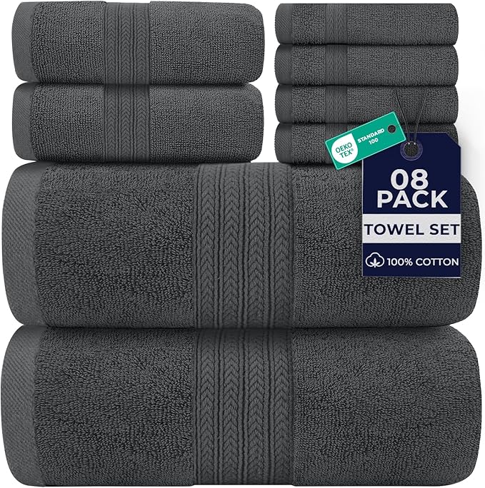 DAN RIVER 8 PC Luxury Bath Towels for Bathroom, 2 Bath, 2 Hand, and 4 Wash Cloths, 600 GSM 100% Ring Spun Cotton Towel Set, Highly Absorbent, Gym, Hotel, and Spa, Grey