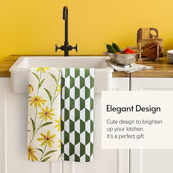 Eulnars Kitchen Towels, 18" x 30" Tea Towels for Kitchen, Quick Dry Dish Towels for Kitchen Drying, Daisy Whimsy Series, 2-Pack