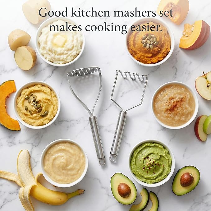 18/0 Stainless Steel Potato Mashers, 10.7-in Kitchen Masher Tool for Avocado Vegetable Sauce Butter, Heavy Duty, Dishwasher Safe, Pack of 2