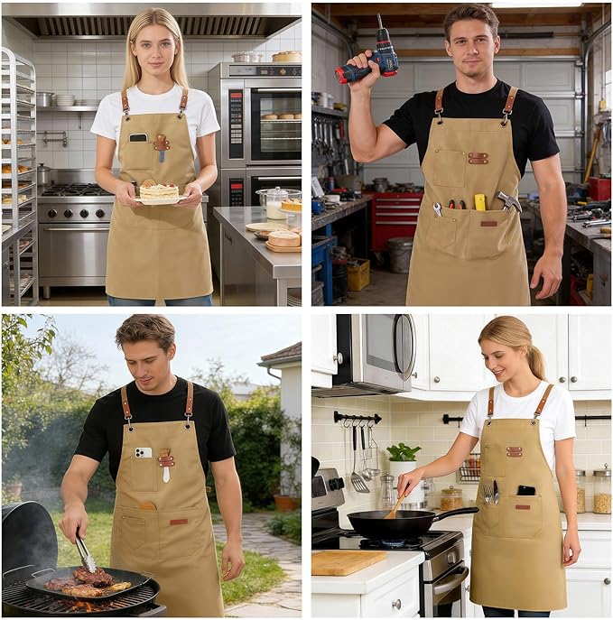 Chef Aprons for Men Women with 4 Large Pockets, Cotton Canvas Cross Back Adjustable Apron for Work grilling kitchen gardening