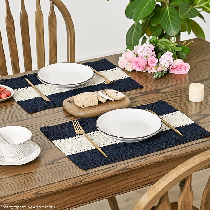 Artoid Mode Dark Blue Farmhouse Rustic Placemats Set of 4,12x18 Inch Seasonal Hollow Table Mats Party Kitchen Dining Decoration