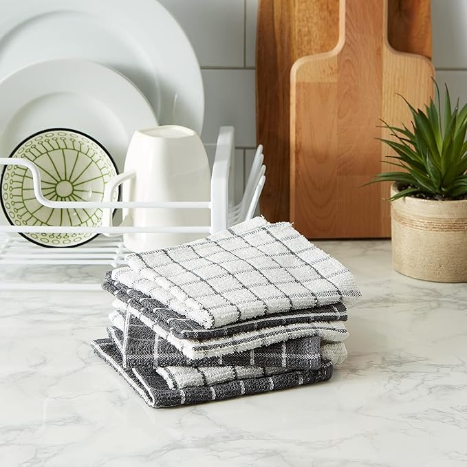 DII Basic Terry Collection Windowpane Dishcloth Set, 12x12, Gray, 6 Piece