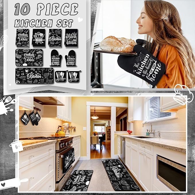 Fourluoo 10 Pcs Black Kitchen Decor and Accessories Black Kitchen Towels Rugs Oven Mitts and Pot Holders Set Gloves Vintage Potholders for Baking Cooking Chef