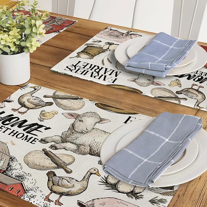 Vintage Farm Animals Placemats Set of 4, Farmhouse Country Barn Lamb Pig Chick Duck Tractor Dining Place Mats Table Decor, Retro Farmer Market Home Sweet Home Kitchen Decoration 12''x18''