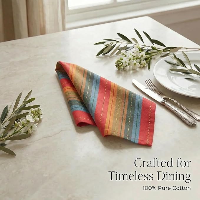 Urban Villa Cloth Napkins Cuisine Stripes 100% Cotton Absorbent Dinner Napkins Set of 12 (20x20) Soft Durable Washable Reusable Napkins for Hotel Lunch Restaurant Lunch Everyday Use - Red Multi