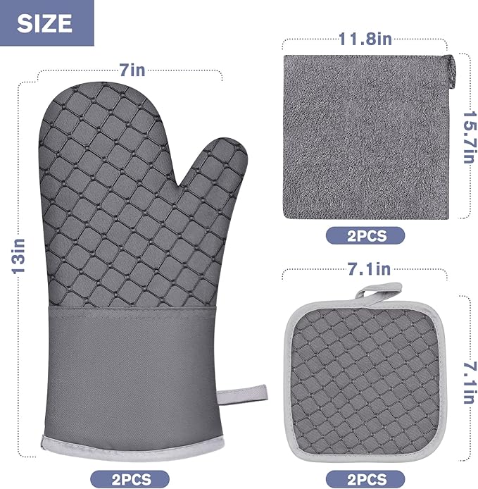 6 Pcs Oven Mitts and Pot Holders, 500℉ Heat Resistant Oven Mitts with Kitchen Towels Soft Cotton Lining and Non-Slip Silicone Surface Safe for Baking, Cooking, BBQ (Grey)