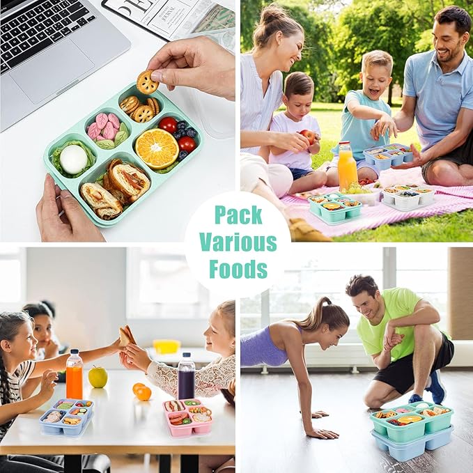 Caperci Wheat Straw Bento Snack Box Containers for Adults & Kids - Reusable Adult Lunchable Food Storage Containers with 5-Compartment for Snacks & Meals, BPA-Free, 4-Pack (Multicolor & Clear Lids)