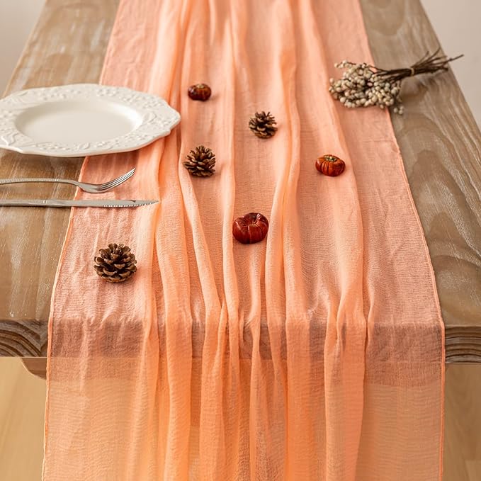 Keketoarrange 6pcs Fresh Salmon Cheesecloth Table Runner Valentines Decor Peach Echo Gauze 120 Inch 10 FT Boho Table Runner for Wedding Baby Shower Bridal Shower Party Sheer Spring Home Decorations