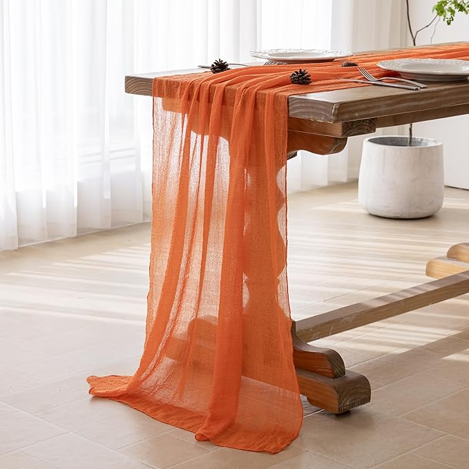 Keketoarrange Orange Spring Easter Gauze Rustic Cheesecloth Table Runner 120 Inch 10 FT for Wedding Baby Shower Bridal Shower Birthday Engagement Garden Outdoor Party Long Sheer Boho Decorations