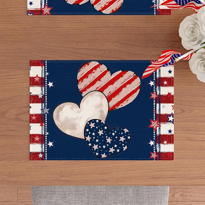 Heart Stripe Stars 4th of July Placemats Set of 6 12x18 Inch Patriotic America Memorial Day Independence Day Table Decorations Cloth Table Mats