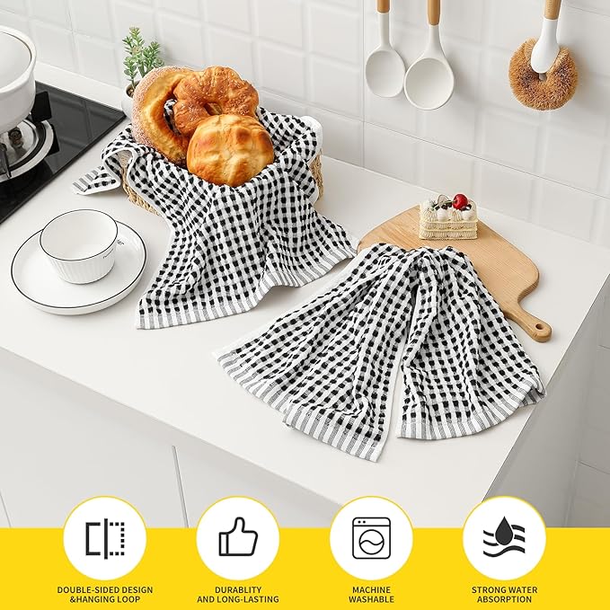 SALAS Cotton Dish Towels for Kitchen Drying Dishes, Lattice Terry Kitchen Cloths with Hanging Loop, 16‘’ x 26‘’, 8 Packs, Black