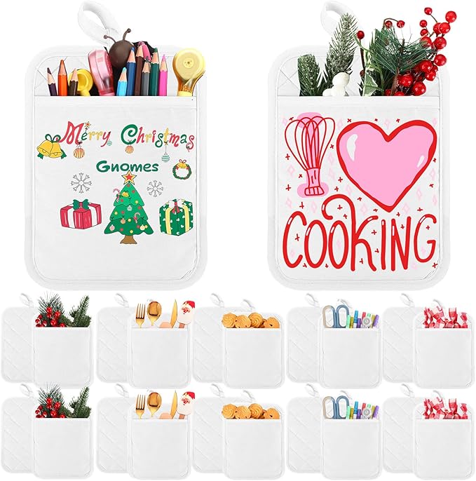 Hoolerry 10 Pieces Pot Holders with Pocket Sublimation 7x9'' Cotton Oven Pot Holders Bulk with Hanging Loops Pads for Kitchen Cook Baking (White)