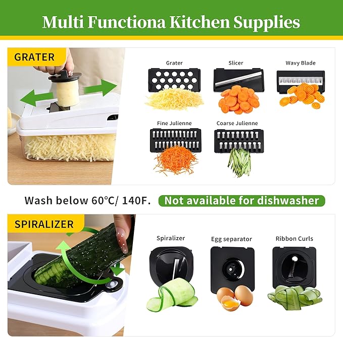 18-in-1 Vegetable Chopper Mandoline Slicer for Kitchen, Food Chopper with Container, Veggie Cutter, Onion Mincer Tomato Dicer, Fruit Slicer Spiralizer, Cheese Grater, Kitchen Gadgets House Essentials