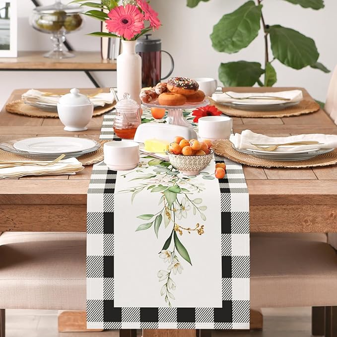 Bonhause Green Eucalyptus Leaves Flowers Table Runner 13x72 Inch Black White Buffalo Plaid Spring Plants Kitchen Dining Table Decoration for Indoor Outdoor Home Party Decor