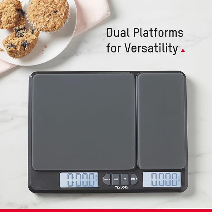 Taylor Dual Platform Food Kitchen Scale, Digital Grams and Ounces for Weight Loss, Baking, Cooking, Meal Prep, Spices, and Coffee, Backlit Display, Glass Platforms, 15lb, and 16oz Capacity, Black