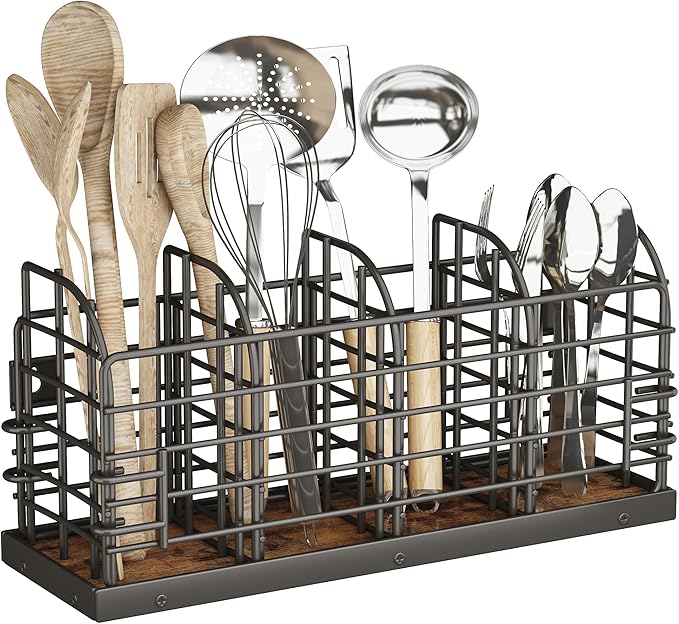 Large Utensil Holder for Kitchen Counter, Wall Mounted Cooking Utensil Holder with 4 Adjustable Compartments, Countertop Caddy, Kitchen Organizer for Countertop, Pantry, Party, Rustic Black and Brown