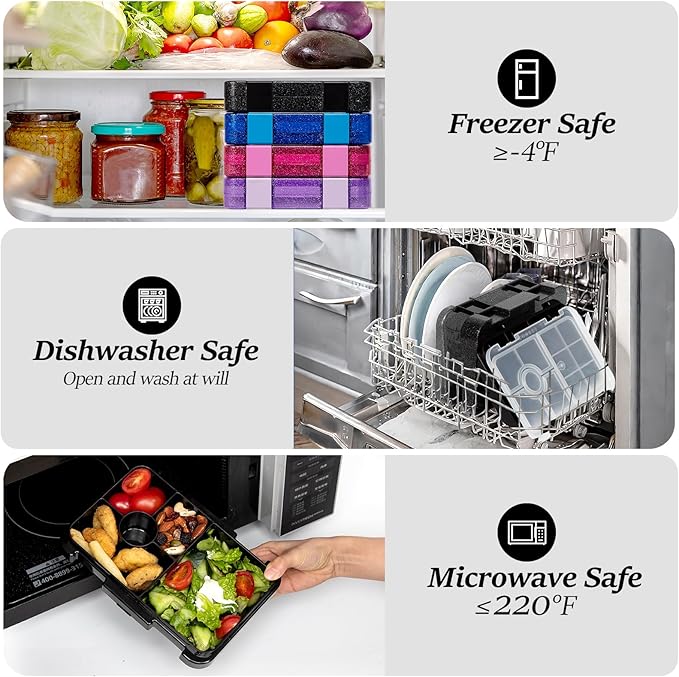 Bento Lunch Box for Kids, 6 Compartments BPA Free, Dishwasher Safe Back to School Snack Bento Lunch Containers Boxes, Ideal Portion Sizes for On-the-Go Meal, Shiny Black