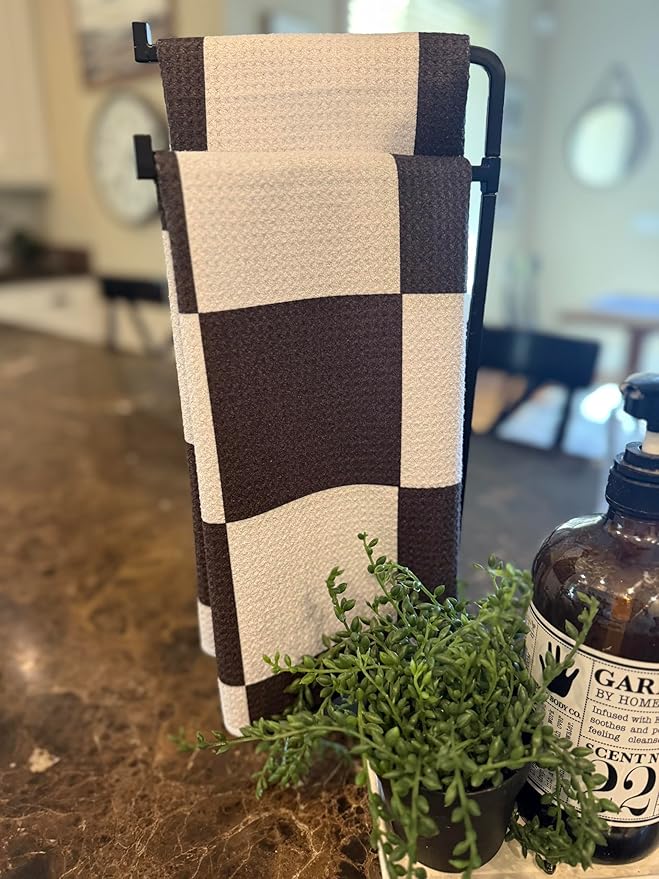 || 2 Pack|| Double Sided Dish Towels || Waffle Weave Microfiber || Highly Absorbent || Hanging Loop || Dish Cloths || Modern || Designer Prints|| Black Checker
