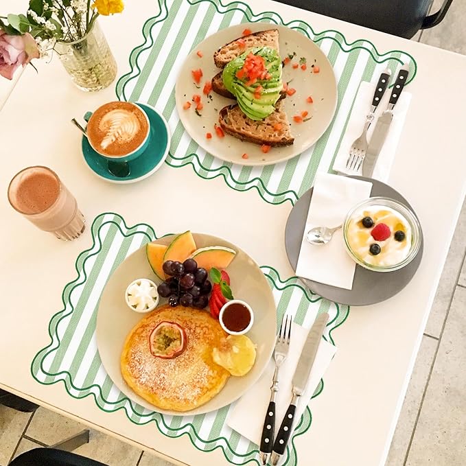 Whaline Green Stripe Linen Placemats Embroidered Scalloped Kitchen Place Mats for Spring Party Home Dining Table Decor, Set of 6, 13 x 19 in