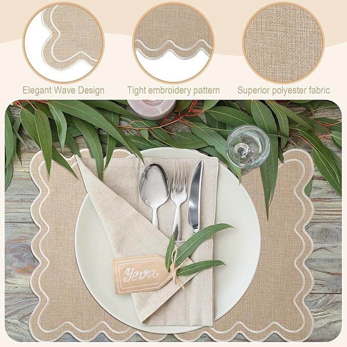 Linen Placemats Set of 12 Scalloped Placemat 13 X19 Wavy Embroidery Double Layered Washable Farmhouse Dinner Fabric Table Mat Napkin for Wedding Party Christmas Hotel Restaurant(Linen Color)