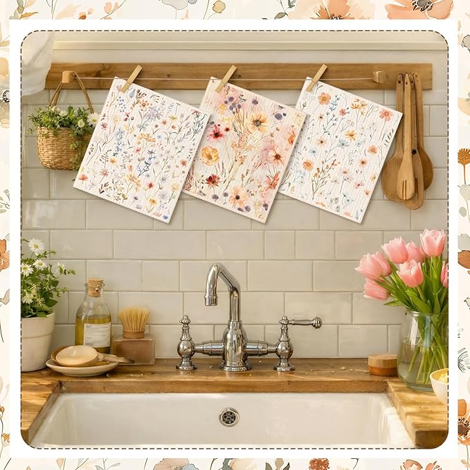 Tegeme 8 Pcs Watercolor Floral Swedish Dishcloth Kitchen Spring Flower Dish Towels Swedish Dish Cloth Absorbent Cotton Reusable Cleaning Kitchen Towels for Summer Housewarming Gift, 6.8 x 7.7''
