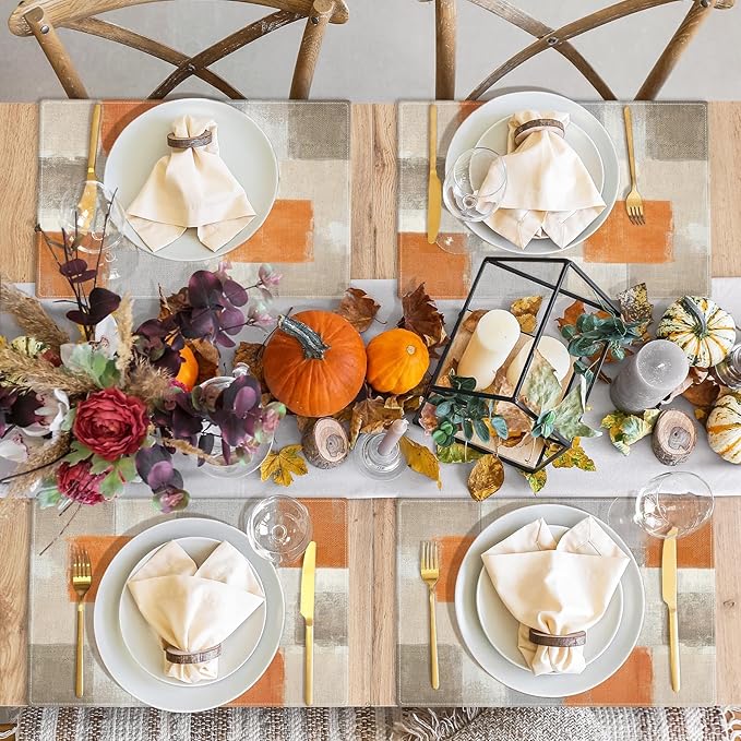 Emvency Farmhouse Placemats Set of 4, Vintage Orange and Grey Art Painting 12x18 Inch Abstract BeigeTable Mats for Outdoor Home Party Kitchen Dining Decoration