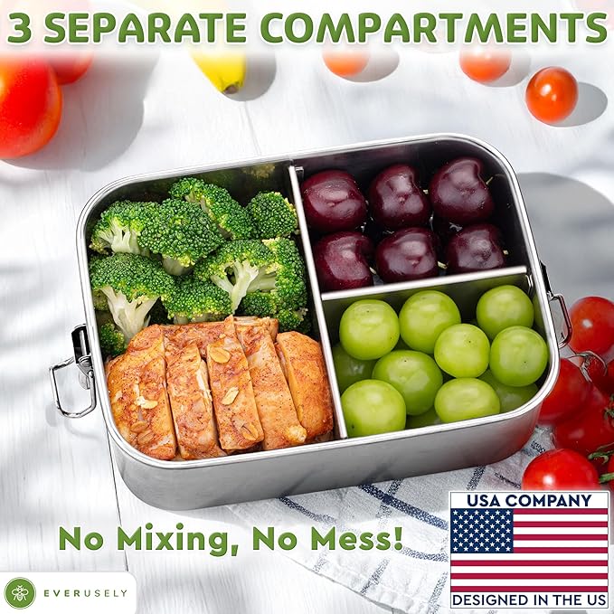 Everusely - Bento Box - Stainless Steel Lunch Box for Adults - 40 oz, 1.2 L - 3 Compartment Snack Container with Removable Silicone Seal + Secure Lock Clips - Non Plastic, Leakproof, Dishwasher Safe