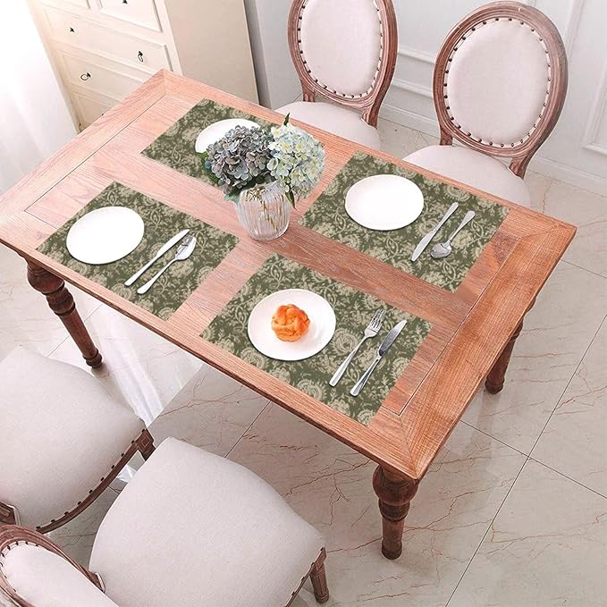 Boho Place mats Set of 4,12x18 Inches Sage Green Block Print Floral Decorative Spring Summer Flower Decor Placemats Rectangle Linen Table Mats for Party Home Kitchen Dining Table Decoration