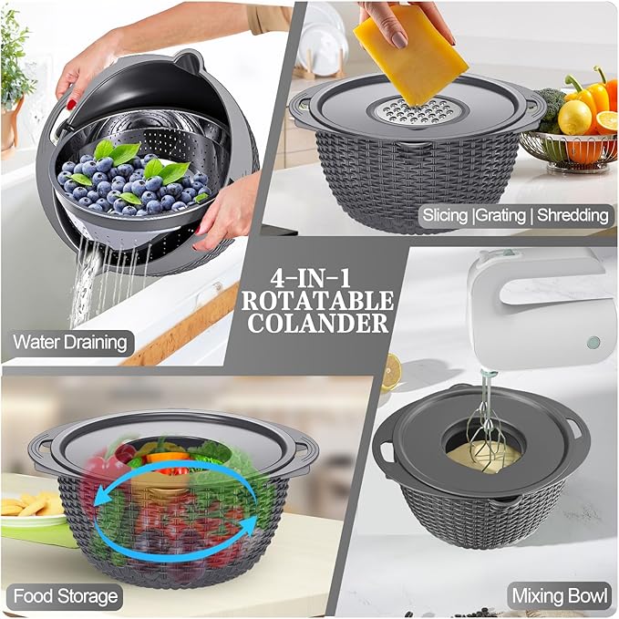 4-1 Colander with Lid Set - Rotatable Strainer With Bowl(Patented), Pasta Strainer with New Upgraded Graters, Strainer And Colanders, Fruit Cleaner, Veggie Wash, Apartment Kitchen Gadgets - Grey