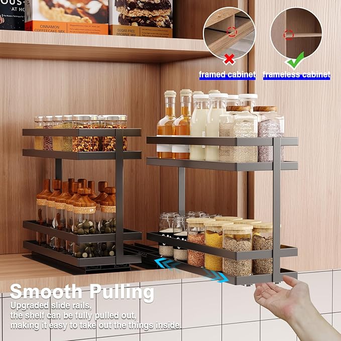 Mustorn Pull Out Spice Rack Organizer for Cabinet, 2 Tier Metal Slide Out Seasoning Organizer and Storage Heavy Duty Vertical Spice Rack Shelf Pullout for Kitchen Cabinets No Drilling(1 Pack, Black)