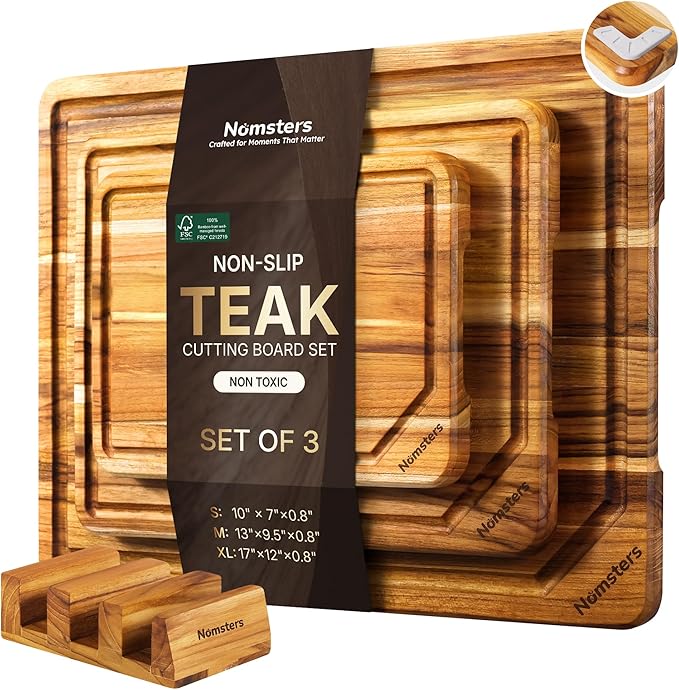 3 Pack Teak Wood Cutting Board Set for Kitchen Charcuterie Board Serving Heavy Duty Non Toxic Slip Hardwood Over Sink Solid Thick Haus Wooden Chopping Board Large Big Small Meat Best Essential Gift