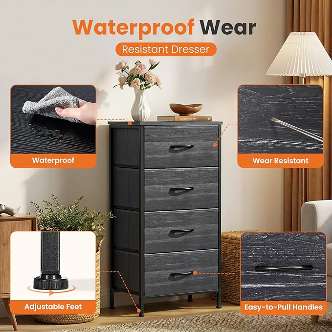 Sweetcrispy Nightstand Small Bedroom Dresser with 4 Fabric Drawers,Bed Side Furniture End Table,Wooden Top Cabinet Night Stand Dresser for Closet,Entryway,Dorm,Black Wood Grain