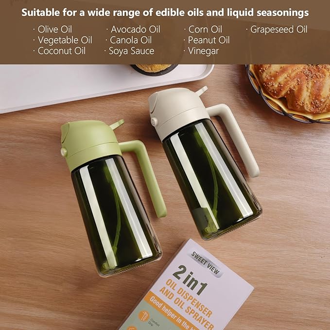 SWEET VIEW Olive Oil Dispenser and Oil Sprayer – 16oz/470ml Glass Light-Proof Oil Pourer for Kitchen, Air Fryer, Cooking, Salad, and BBQ