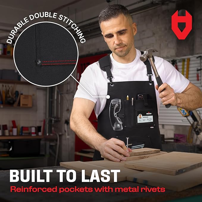 NoCry Woodworking Apron for Men — Reinforced Pockets with Metal Rivets, Magnetic Holder & Leather Tool Loops — Shop Aprons for Men with Cross-Back Straps, Non-Slip Shoulder Pads & Quick-Release Buckle