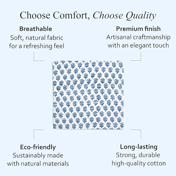 CPC Apatite Blue Hand Block Printed Cotton Waffle Dish Cloth Set of 12-12x12 Inch Super Absorbent, Soft, Reusable Kitchen Towels for Dish Drying & Cleaning Ideal for Spring, Mother's Day