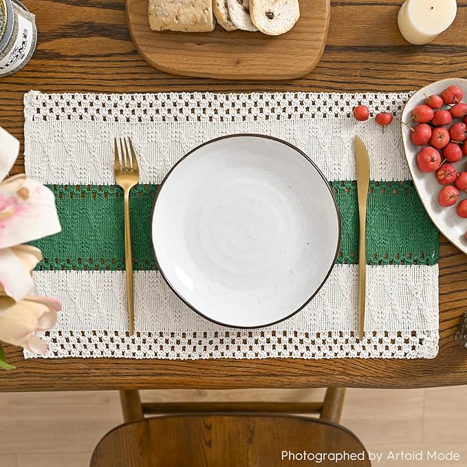 Artoid Mode Dark Green Farmhouse Rustic Placemats Set of 6,12x18 Inch Seasonal Holiday Hollow Table Mats Party Kitchen Dining Decoration