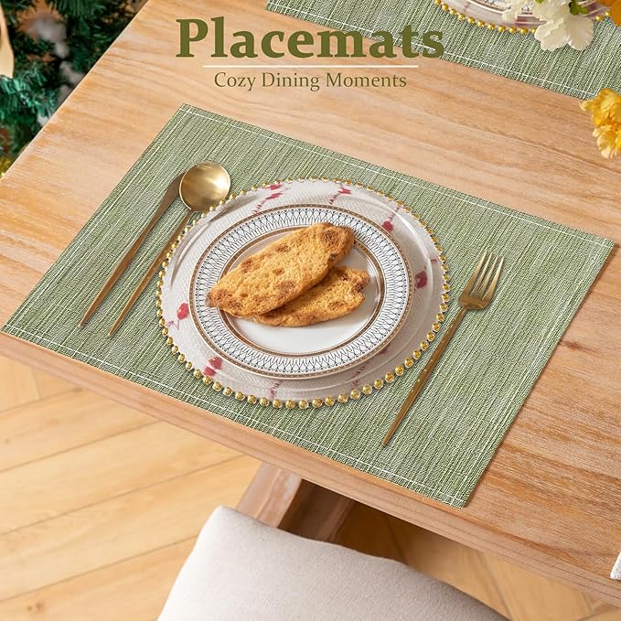 Bloss Green Placemats Set of 4-12x18 Inch WashableTable Place Mats, Fabric Spring Placemats for Kitchen Dining Table Decor, Easy to Clean Summer Placemats Cloth for Holiday Party Decoration
