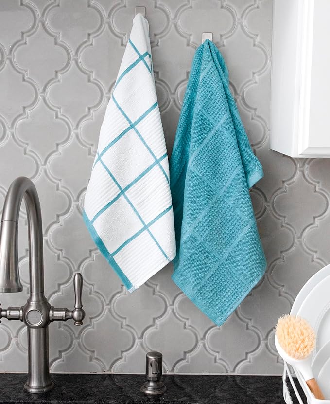 T-Fal Solid & Checked Parquet Kitchen Towels: Highly Absorbent, Super Soft Long Lasting - 100% Cotton, 16"x26" Dish Towels for Cleaning & Drying Dishes, Pans, Glassware, Countertops, 6-Pack, Breeze